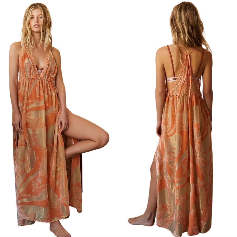 Free People Bali Butterfly Burnout Slip Dress in Flame Opal Orange